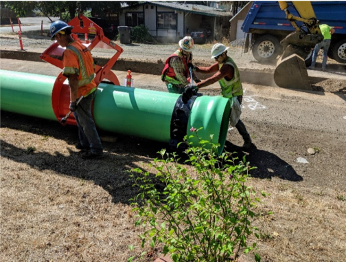 Excavators working in tandem to construct 20+ feet deep sewer line for the Cox Creek project